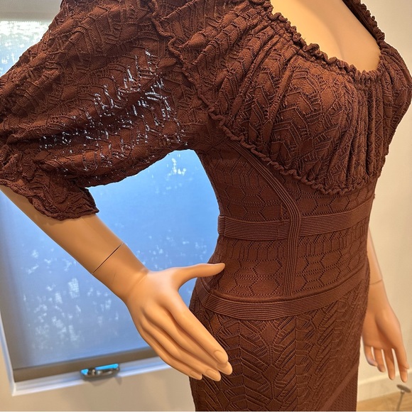 Catherine Malandrino Sz P Brown KNIT FITTED Dress W PUFF SLV CROCHET GREAT COND - Picture 4 of 9